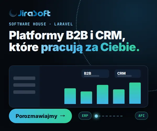 JiraSoft: animowany panel B2B z wykresami i przepływem danych między ERP a API