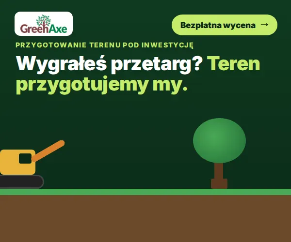 GreenAxe: wycinka drzewa, karczowanie pnia, koparka niweluje teren, flaga gotowe